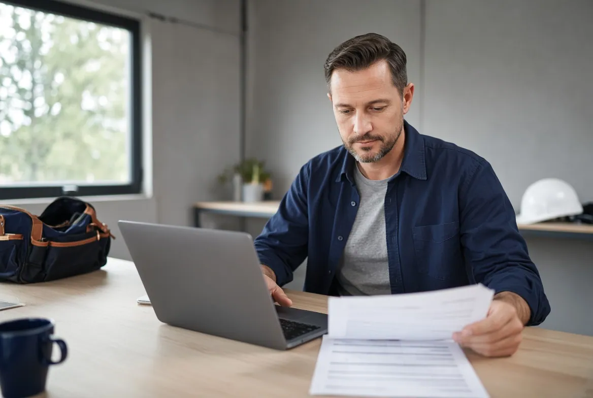 Contractor at a desk reviewing project documents next to a laptop